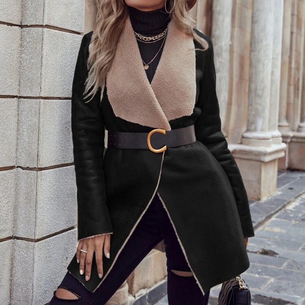 Vegan leather shearling faux fur lined open front jacket coat black cream - Picture 5 of 13
